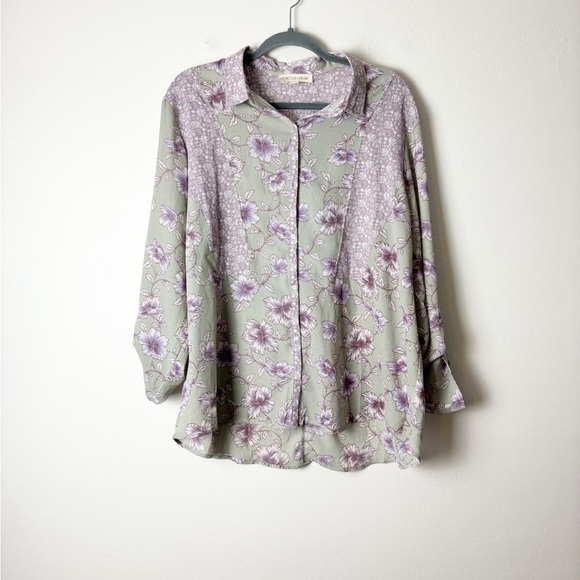 CACTUS + PEARL • Women’s Grey/Purple Floral Button Down Blouse Size XXL - Picture 1 of 5